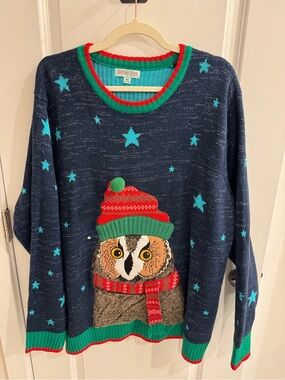 Holiday Hype 3D Owl Ugly Christmas Sweater Metallic Tinsel XL